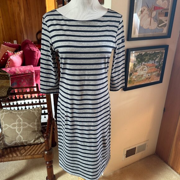 SAINT JAMES France Grey Navy Stripe Breton Nautical Long Sleeves Dress – S - Picture 1 of 9